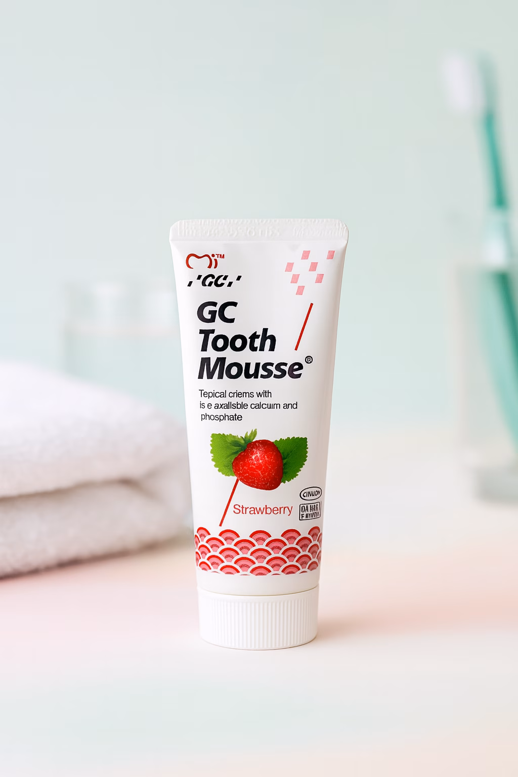 GC Tooth Mousse Strawberry tube standing upright on a pastel surface with soft, natural lighting. A folded white towel, a glass of water, and a blurred toothbrush appear in the background, creating a clean and modern dental care aesthetic.