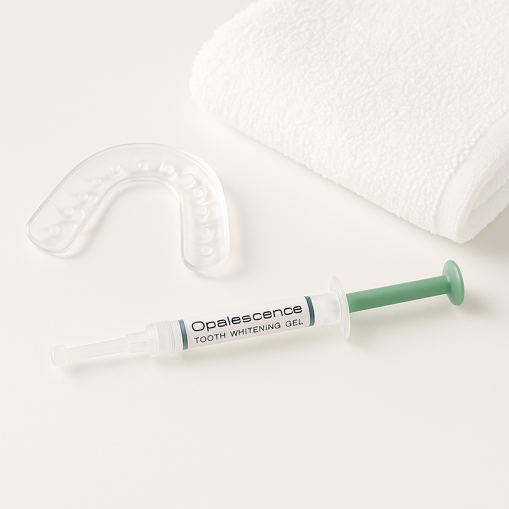 A professional flat lay of Opalescence tooth whitening products on a bright white background. The image features a clear custom dental whitening tray with gel dots inside, a syringe of Opalescence 10% tooth whitening gel with a green plunger, and a neatly folded soft white towel, all arranged with clean, clinical aesthetics and bright even lighting.