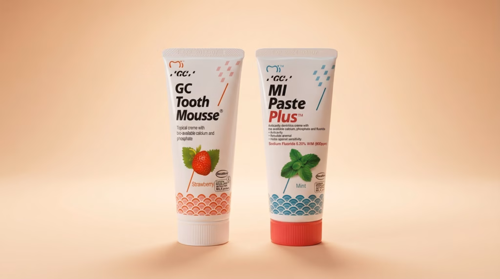 GC Tooth Mousse and MI Paste Plus side by side